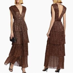 Sabina Musayev Skylar Tiered Belted Metallic Gown Gold Brown Medium